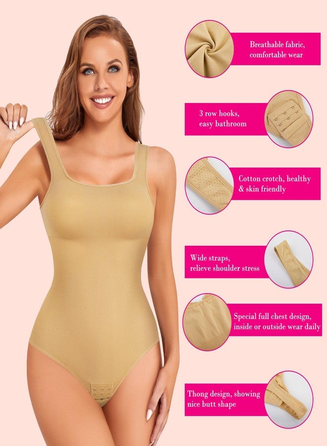 Nebility Womens' Waist Trainer Seamless Round Neck Tummy Control Shapewear Bodysuit (Beige Thong Bodysuit, M/L) - Image 3